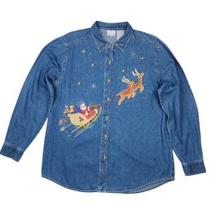 Bobbie Brooks Embroidered Denim Shirt Sz L Christmas Santa Reindeer Holiday